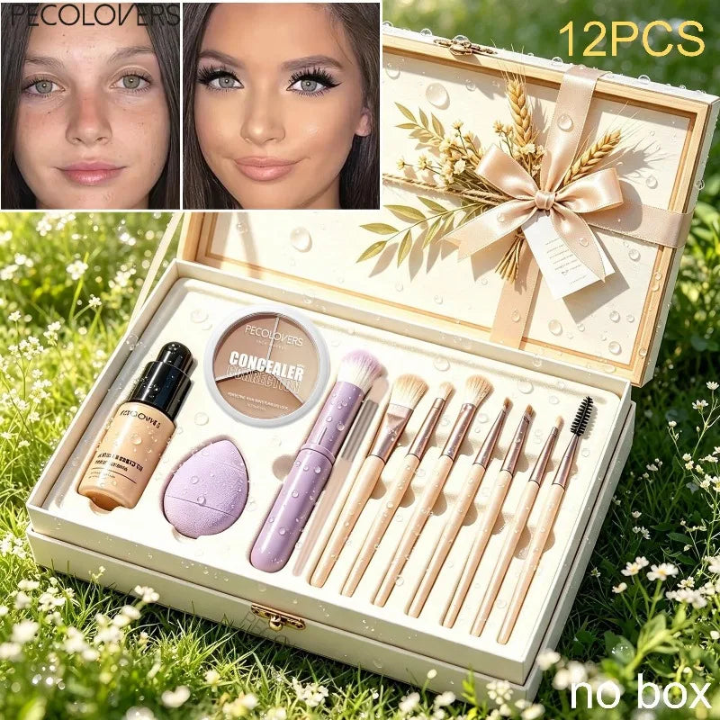 12PCS Face Set, Liquid Foundation+concealer+multiple Makeup Tools, Uniform Makeup, Waterproof and Durable, Facial Cosmetics Quake