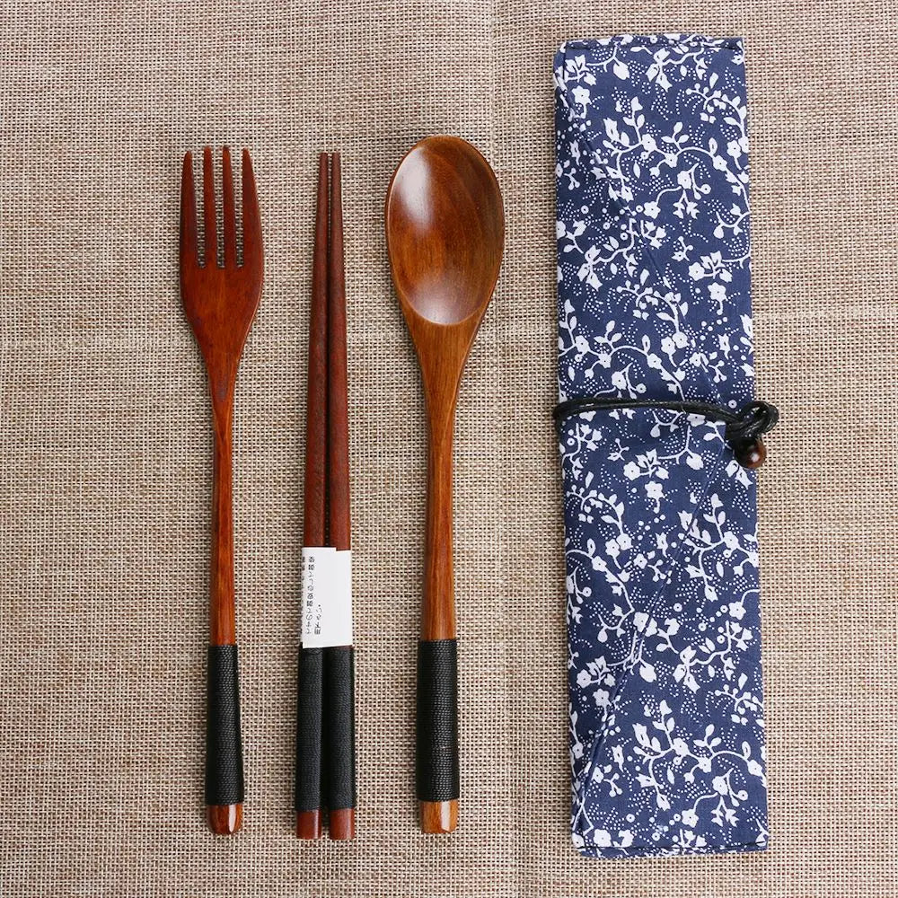 Japanese Style Portable Cutlery Set Spoon Fork Chopsticks Natural Wooden Cloth Bag Quake