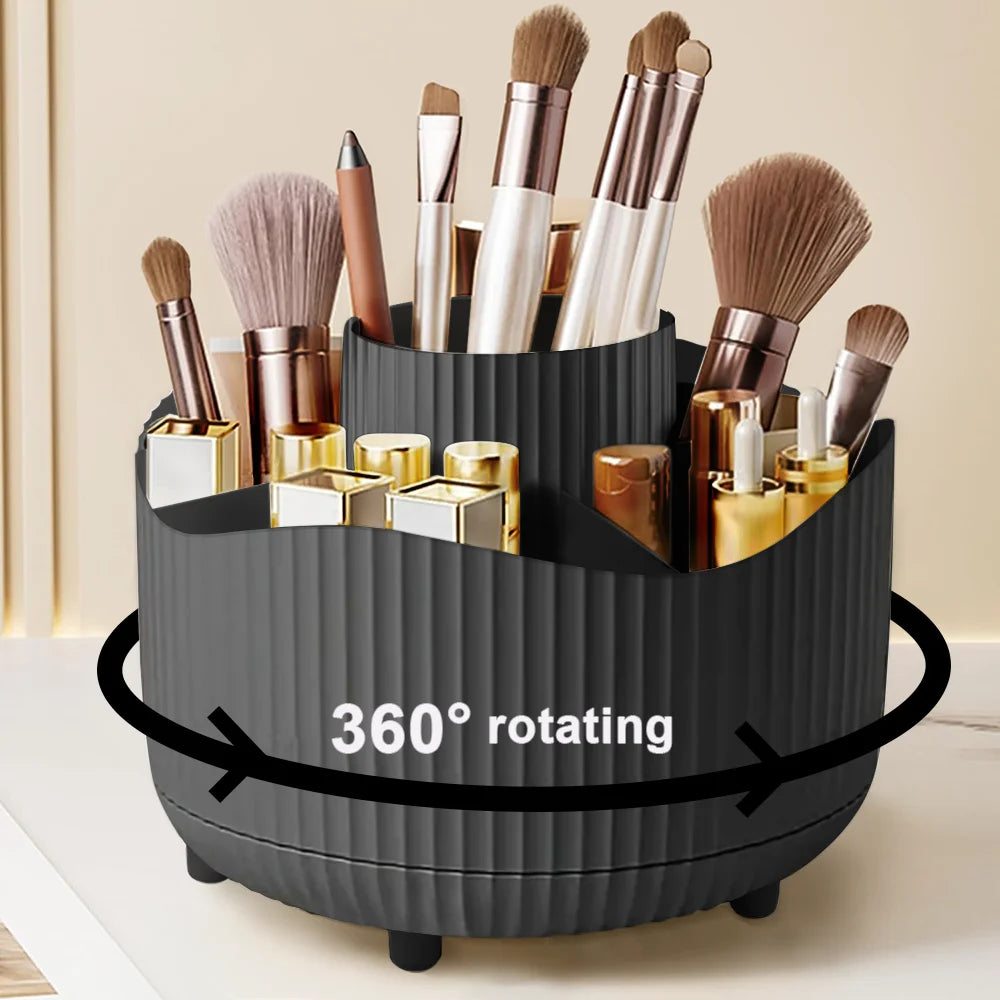 360° Rotating Large Capacity Makeup Holder Desktop Cosmetic Storage Box Organizer Portable Lipstick & Makeup Brush Stand Quake 360BK