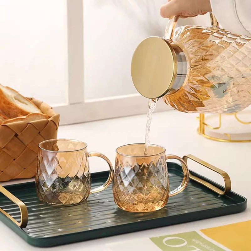 YWDL 1/2pcs Diamond Textured Glass Cup Golden Teacup Mug With Handle Household Fruit Tea Coffee Milk Drinkware Taacup 380ml Quake