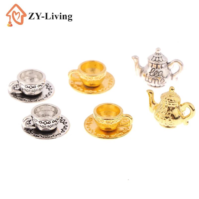 1Set 1:12 Dollhouse Miniature Metal Teapot Cup With Saucer Mini Tea Set Kitchen Tableware Decor Toy Model Doll House Accessories Quake