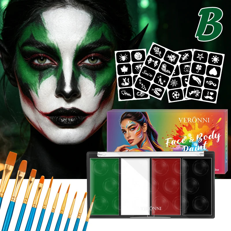 4 Color Lasting Face Body Painting Kit for Kids Adult,Face Paint template with Brush,Halloween Carnival Artist Cosplay Art Party Quake 3pcs B