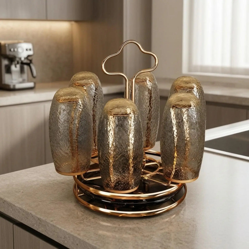 Cup Drying Rack with Moisture-Collecting Tray Rotatable Rotating Cup Drying Rack Rose Gold Finish Countertop for Pantry Quake