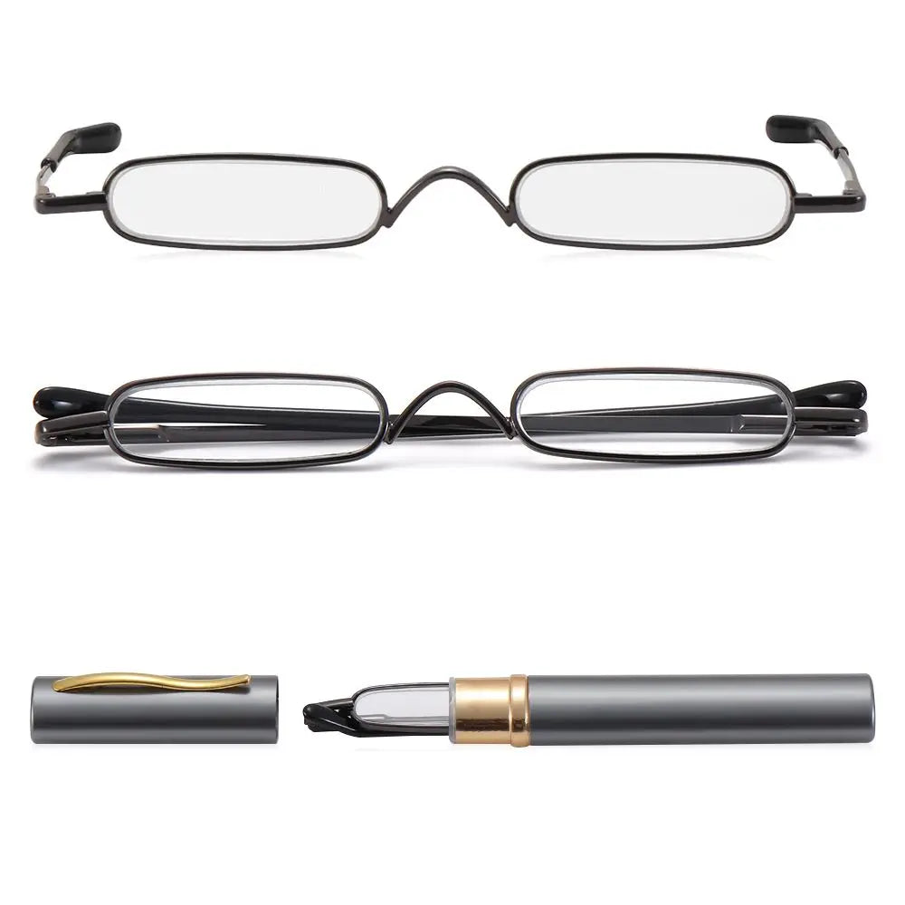 Compact Spring Hinged Men Women Eyeglasses Readers with Pen Clip Tube Case Slim Pen Reading Glasses Slim Reading Glasses Quake