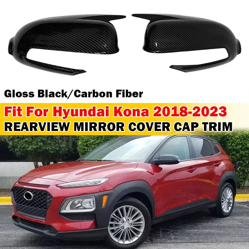 For Hyundai Kona 2018-2023 Car Sticker Rearview Side Mirror Cover Wing Cap Exterior Door Rear View Case Trim Carbon Look Black Quake