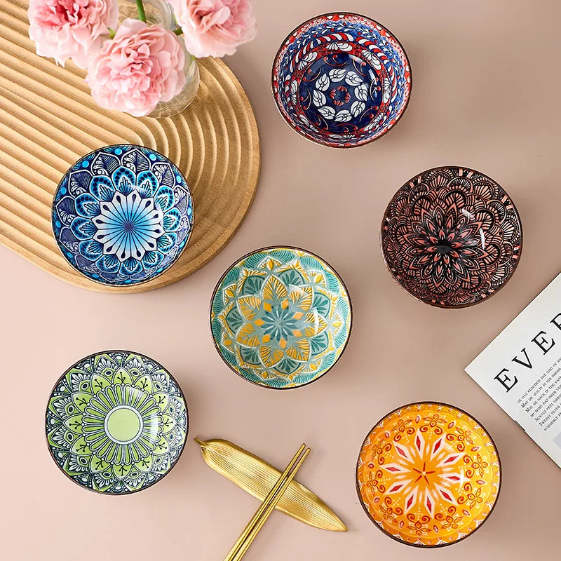 6-Piece Bohemian Mandala Ceramic Bowls - Dishwasher & Microwave Safe, Perfect for Cereal, Soup, Pasta, Salad, Ice Cream Bowls Quake Six bowls