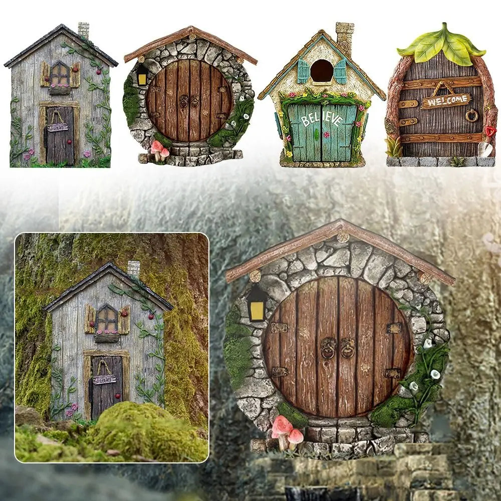 Miniature Fairy Door Figurines Statues for Outdoor Yard Art Garden Tree Decor Accessories With Engraved Design Fairy Garden Door Quake