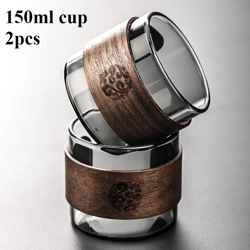 Thickened Glass Tea Cup with Wooden Ring Heat-resistant and Heat-resistant Water Cup Master Cup Household Glass Cup Coffee Cup Quake 2pcs 150ml 301-400ml