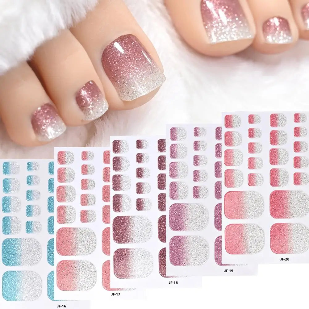 1sheet Glitter Toe Nail Wraps Solid Color Self-Adhesive Toe Nail Decals Strips 22tips Full Nail Polish Strips Summer Toe Decora Quake