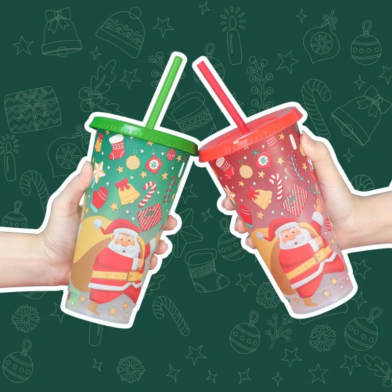 24 Oz Coffee Straw Cup Reusable Christmas Color Changing Cup with Lid Plastic Cold Bucket Party Drink Cup Quake