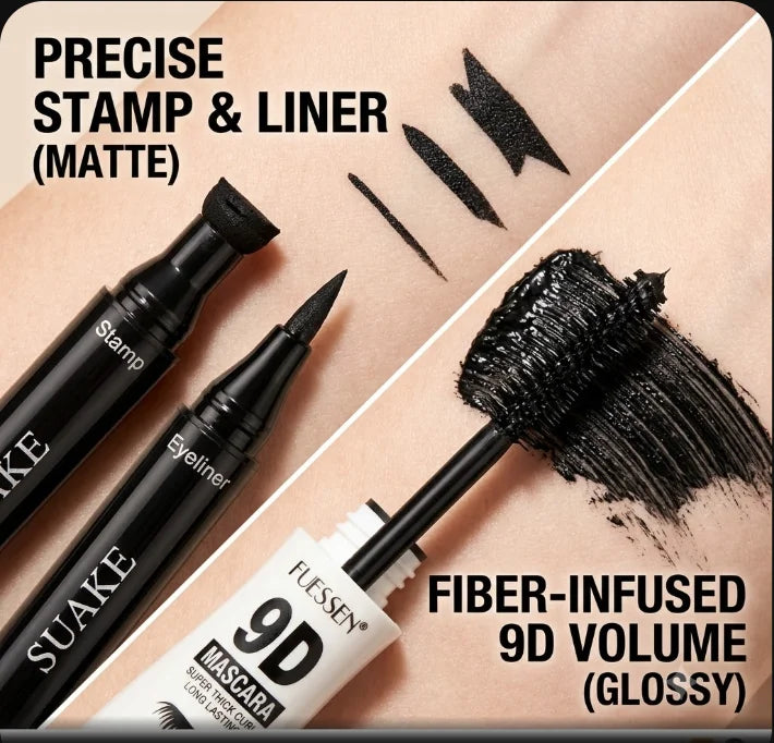 Waterproof Long-Lasting Dual-Ended Eyeliner And 9D Volume Mascara Set for Women Girls Party Festival Stage Eye Makeup Kit Quake