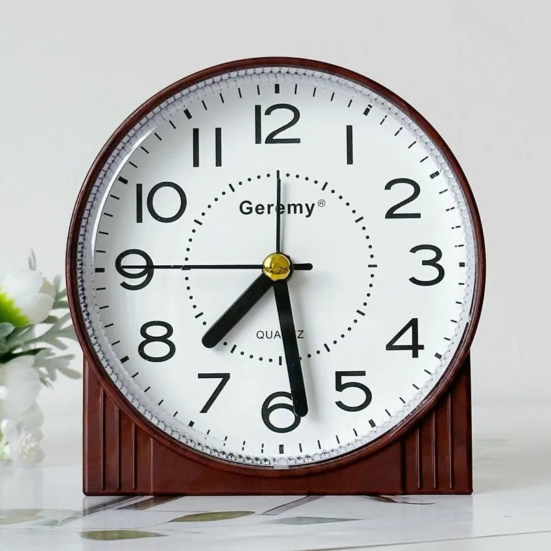 Simple retro imitation wood grain alarm clock - home desktop square clock ornament - student large digit bedside clock Quake E