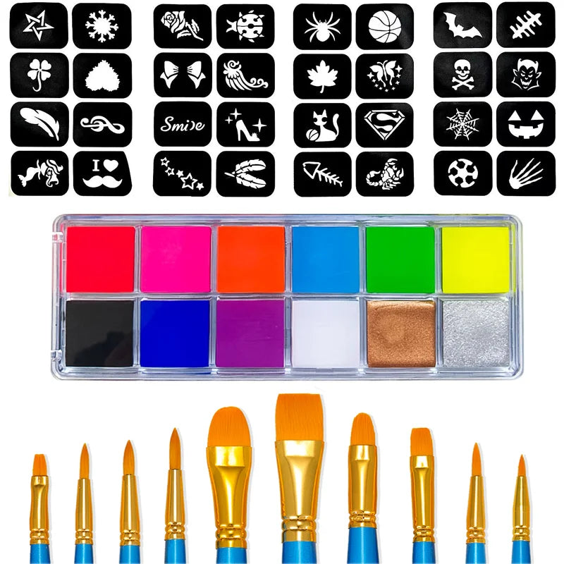 Blacklight UV Glow Paint 12 Colors Fluorescent Neon Oil Face Body Paint Palette Loose Powder Party Cosplay Makeup Cosmetics Quake 3pcs-10brush
