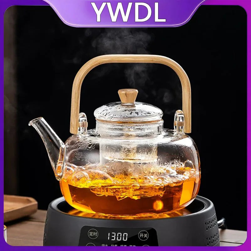 YWDL 1L Glass Teapot With Removable Infuser Bamboo Handle Clear Tea Kettle For Loose Leaf Flower Tea Heat Resistant Tea Pot ﻿ Quake