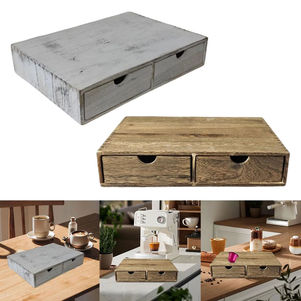 Coffee Pod Holder 2 Drawers Coffee Maker Machine Stand for Capsules Vintage Wooden Organizer for Office Coffee Accessories Quake