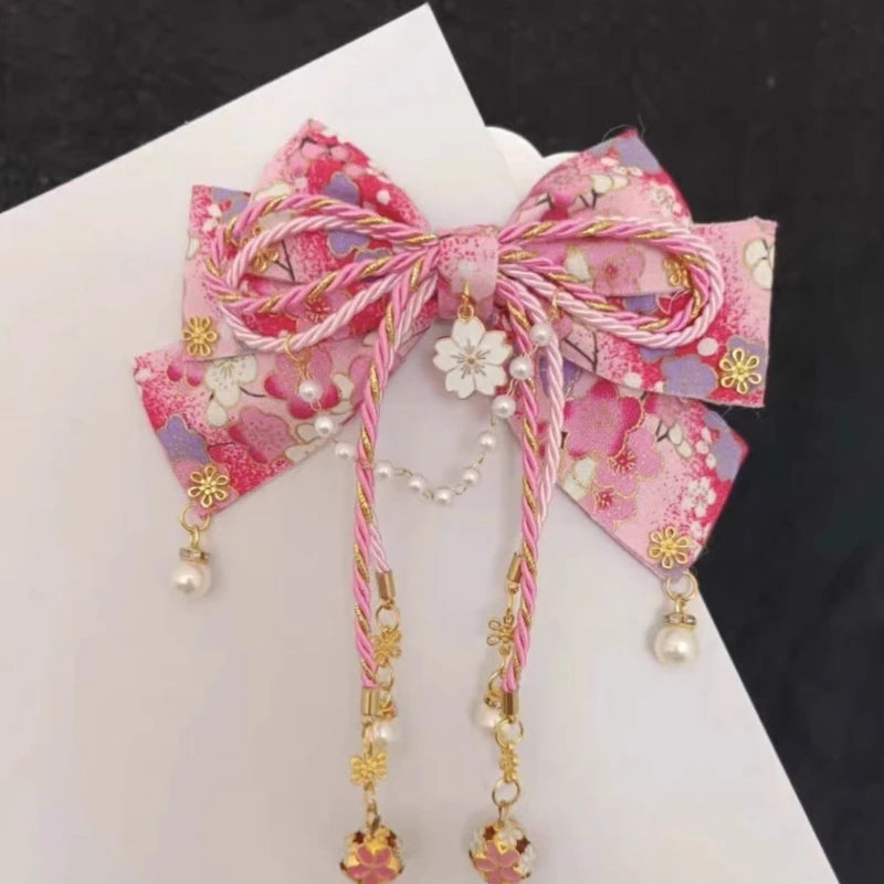 Japanese Style Girl with Hot Stamping Cherry Blossom Bow Hair Accessory Lolita Tassel Edge Clip Quake