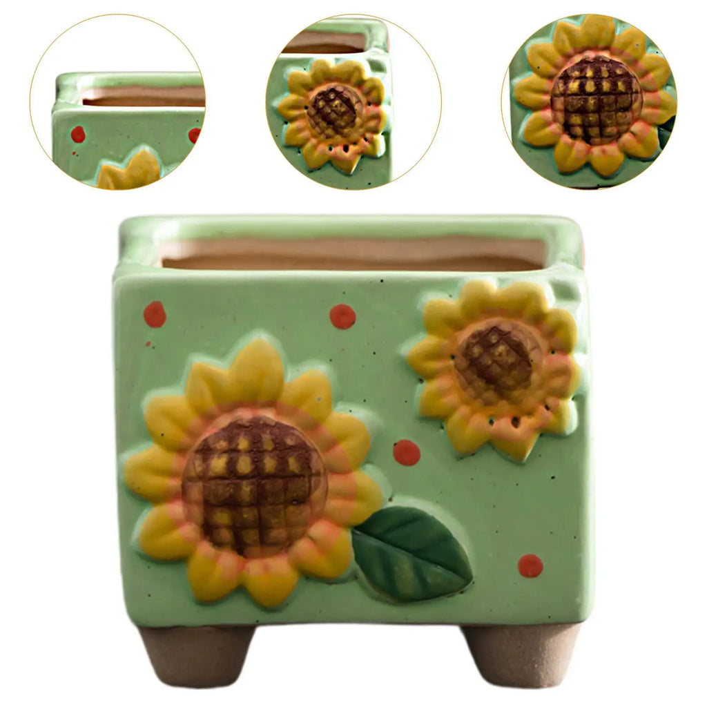 Ceramic Sunflower Planter Decorative Plant Pot Housewarming Gift Tabletop Ornament Small Square Flower Pot for Desk Shelf Quake