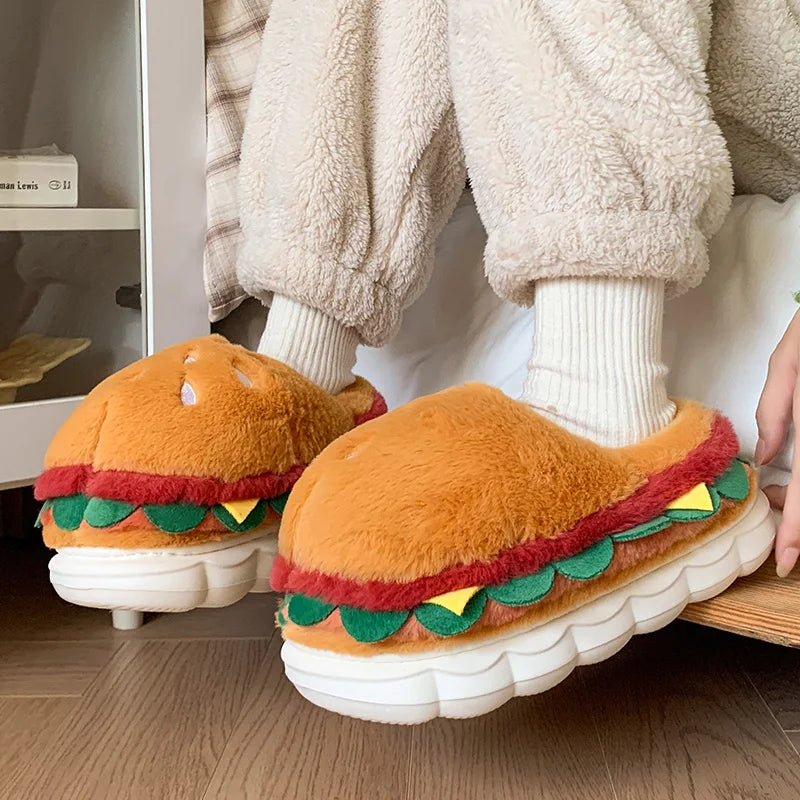Hamburger Cotton Slippers for Women in Winter New Home Bag and Warm Plush Couple Cotton Shoes for Women Quake