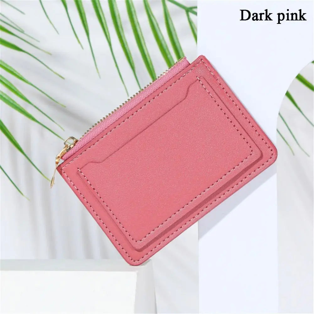 Women Mini Coin Purse PU Leather Short Wallets Card Holder Fashion Zipper Pouch Girls Money Bag Quake dark pink