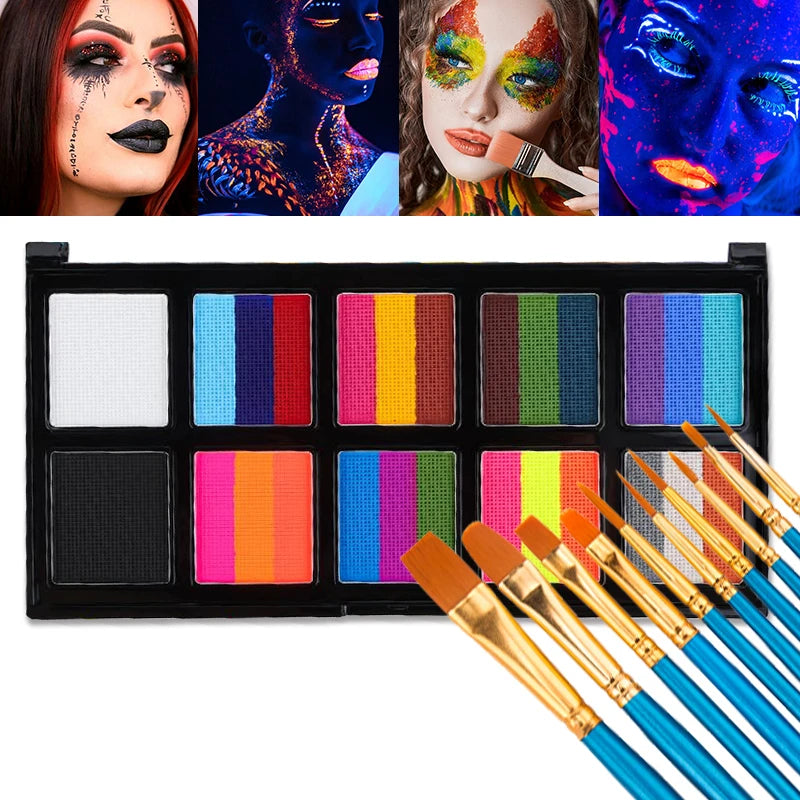 26 Color Body Face Painting Kit with Brush UV Fluorescent Face Makeup Palette,Halloween Carnival Artist Cosplay Art Party Makeup Quake with 10Brush