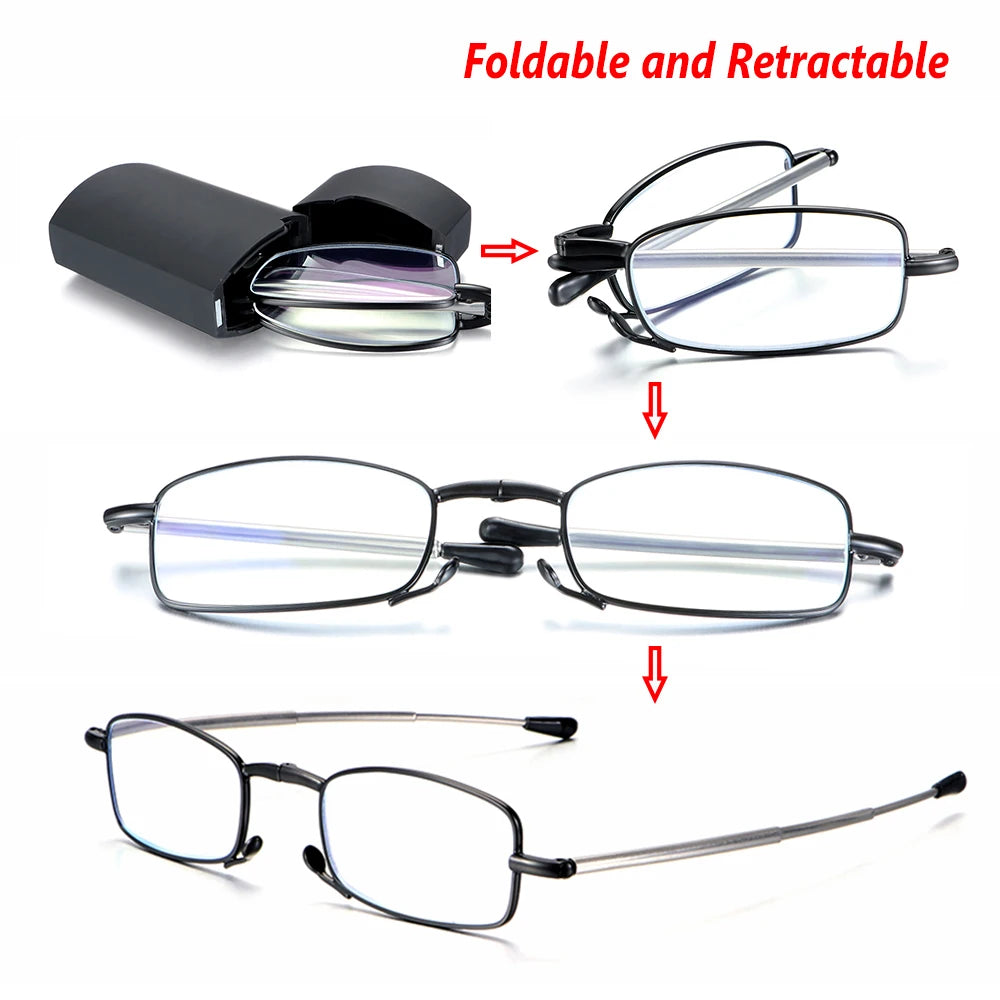 Portable Folding Reading Glasses for Men Women Telescopic Legs Rotation Presbyopia Eyeglasses Fashion Metal Frame Reader Eyewear Quake