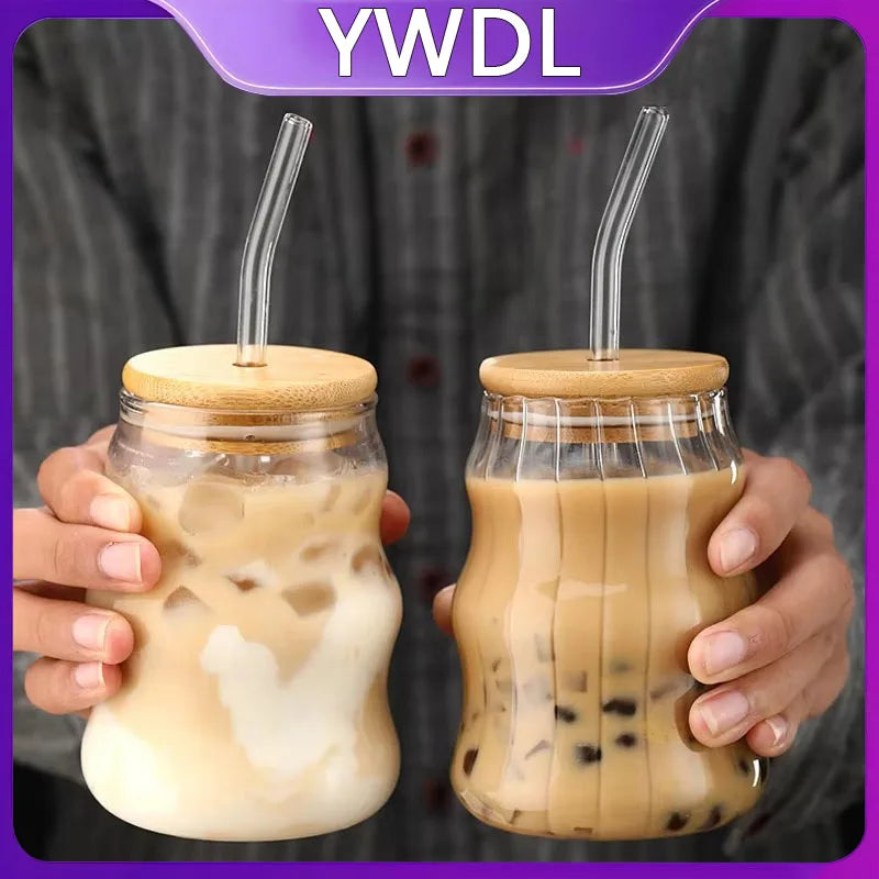 YWDL 1/2pcs 500ml Glass Tumblers Cups With Straw Mason Jar Clear Juice Coffee Milk Cup With Bamboo Lids Drinkware Quake