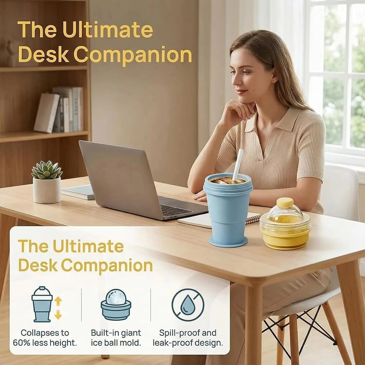 2-in-1 Collapsible Silicone Ice Ball Cup Reusable Portable Ice Sphere Mold with Straw Lid for Coffee Juice Drinks Quake