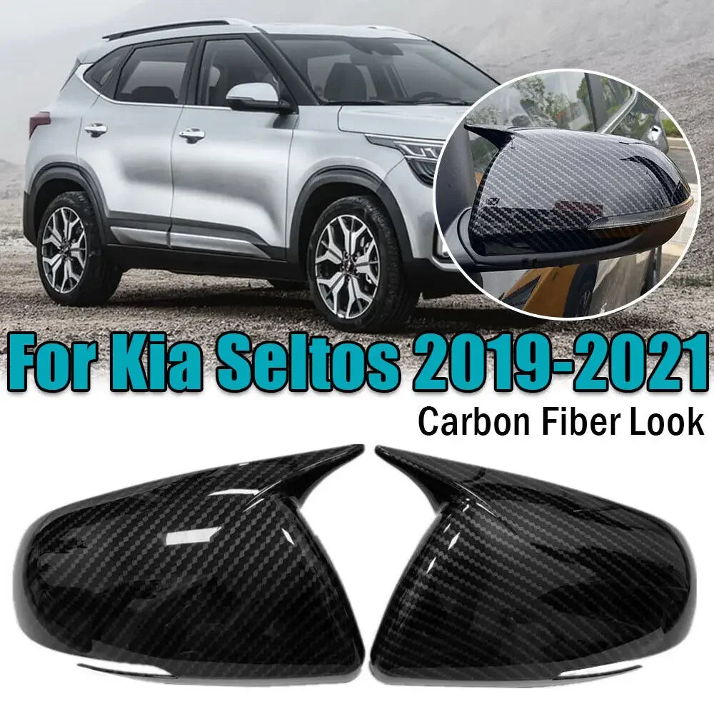 For Kia Seltos 2019-2023 Car Sticker Rearview Side Mirror Cover Wing Cap Exterior Door Rear View Case Trim Carbon Fiber Look Quake