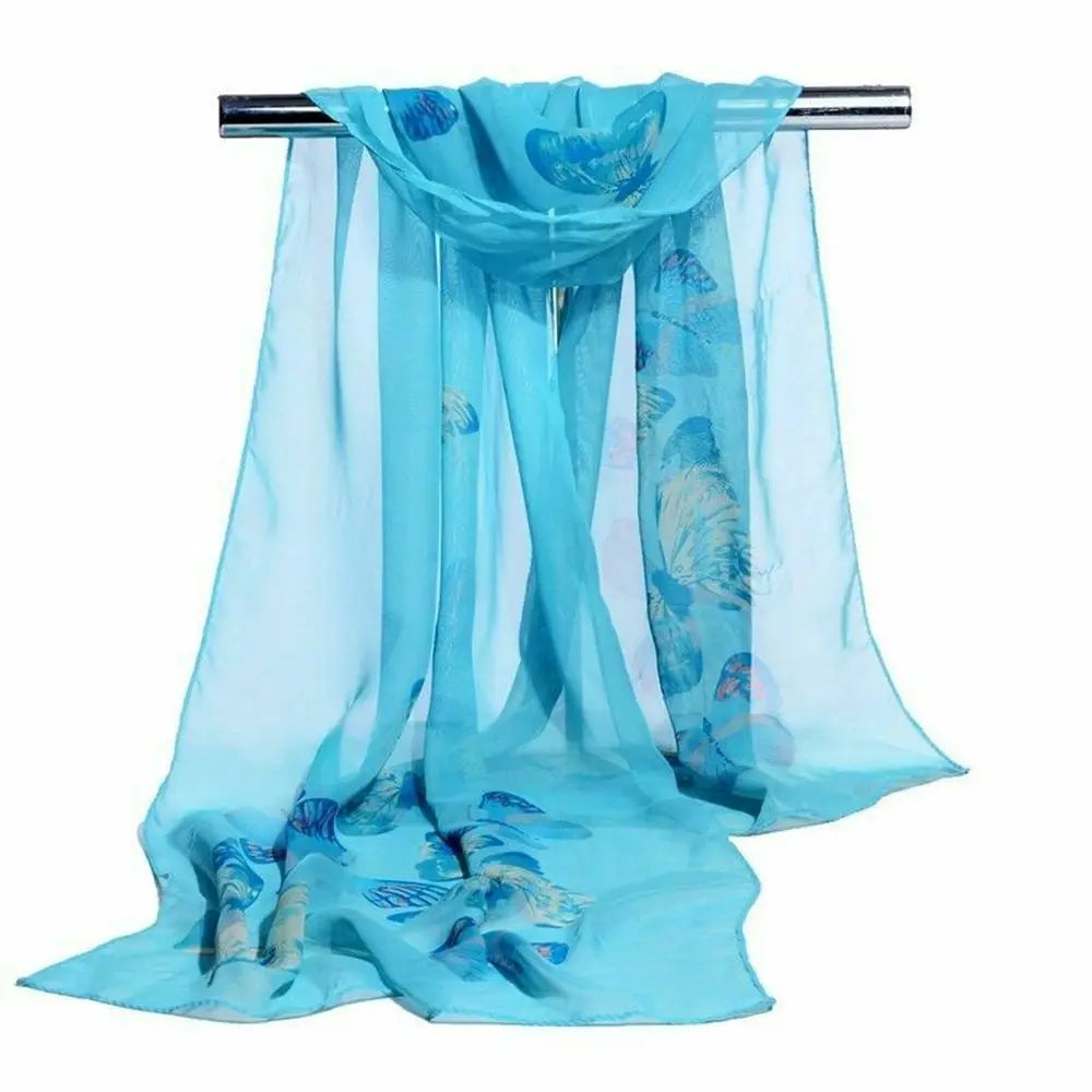 New Trendy Elegant Silk Scarves Women's Butterfly Flower Print Long Chiffon Scarf Soft Wrap Lady Shawl Fashion Accessories Quake blue