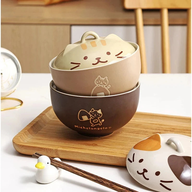 YWDL 550ml Cartoon Cat Ceramic Instant Noodle Bowl With Lid Underglaze Color Soup Salad Bowl Kitchen Office Student Lunch Box Quake