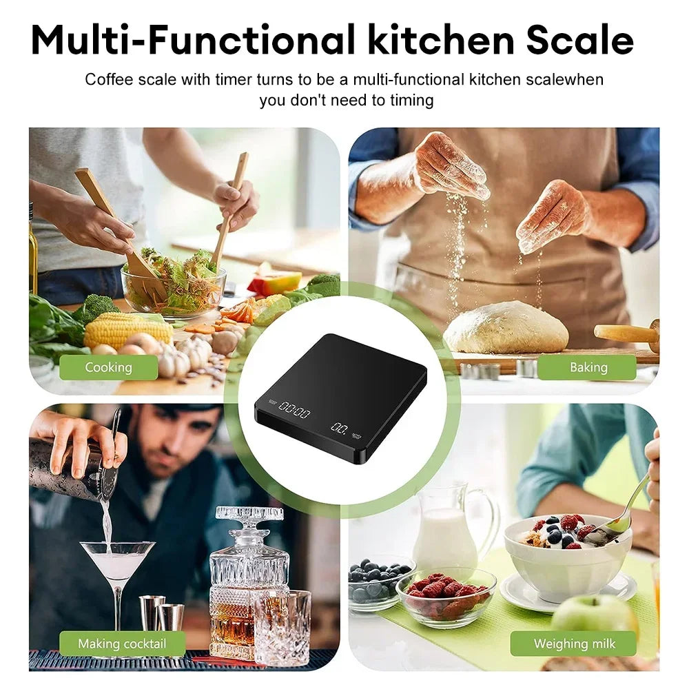 New 3kg/ 0.1g Digital Coffee Scale with Timer LED Screen Espresso USB Rechargeable High Accuracy Measuring Kitchen Scale Quake