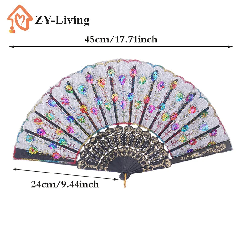 Folding Hand Fan Plastic Gold Powder Craft Fan White Wedding Party Chinese Style Dance Cloth Folding Fan Handheld Quake