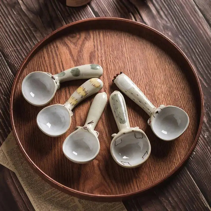 Handmade Rustic Ceramic Spoon With Short Handle, Cute Animal Design, Ice Cream Spoon Kitchen Tablewear Quake