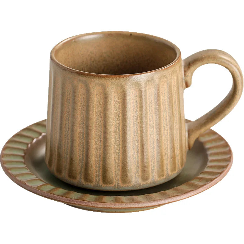 Japanese Retro Coarse Ceramic Cup Saucer Set Vintage Vertical Striped Mug Home Afternoon Tea Coffee Cup for Household Use Quake