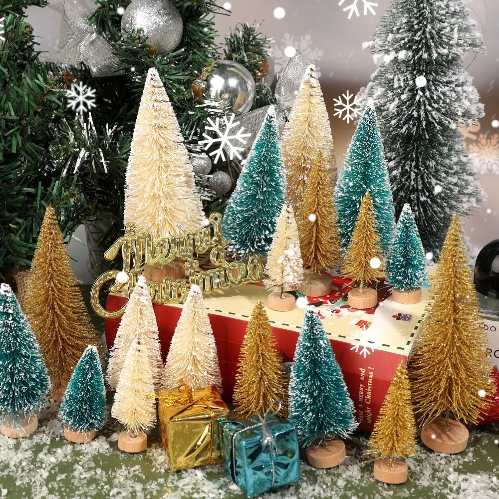27/9PCS Mini Christmas Tree Artificial Miniature Pine Tabletop Tree Wood Base Xmas Ornaments Christmas Crafting Party Decoration Quake