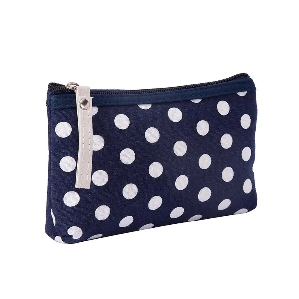 Portable Small Cute Polka Dot Canvas Makeup Bag for Women Girls Simple Travel Lipsticks Organizer Cosmetic Pouch with Zipper Quake Deep Blue