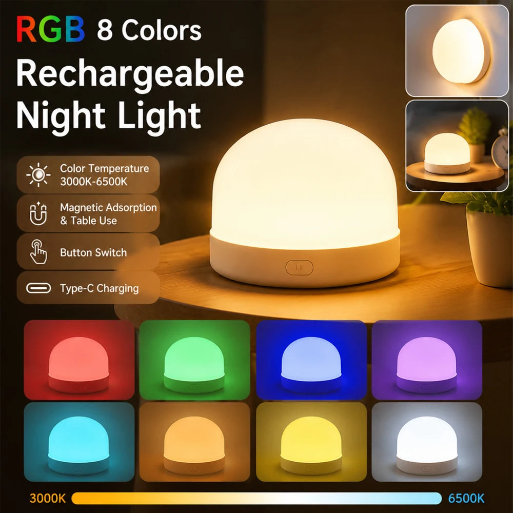 USB Rechargeable Night Light 3 Color RGB Portable Baby Bedside Lamp LED Night Light Ambient Soft Light Room Decoration Gift Quake