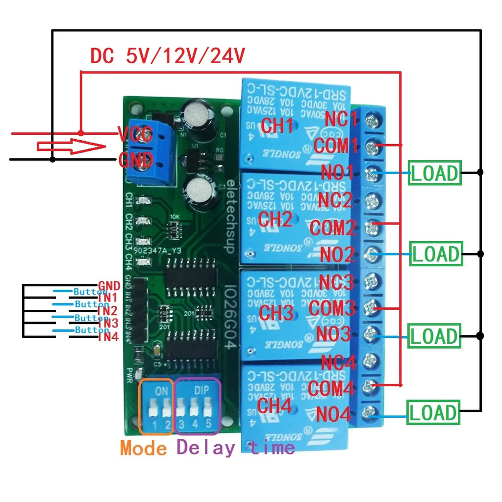1 PCS 4ch DC 5V 12V 24V DIP Switch Delay Relay Module Flip-Flop Latch Bistable Self-locking Interlock Latch Power Conditioner Quake