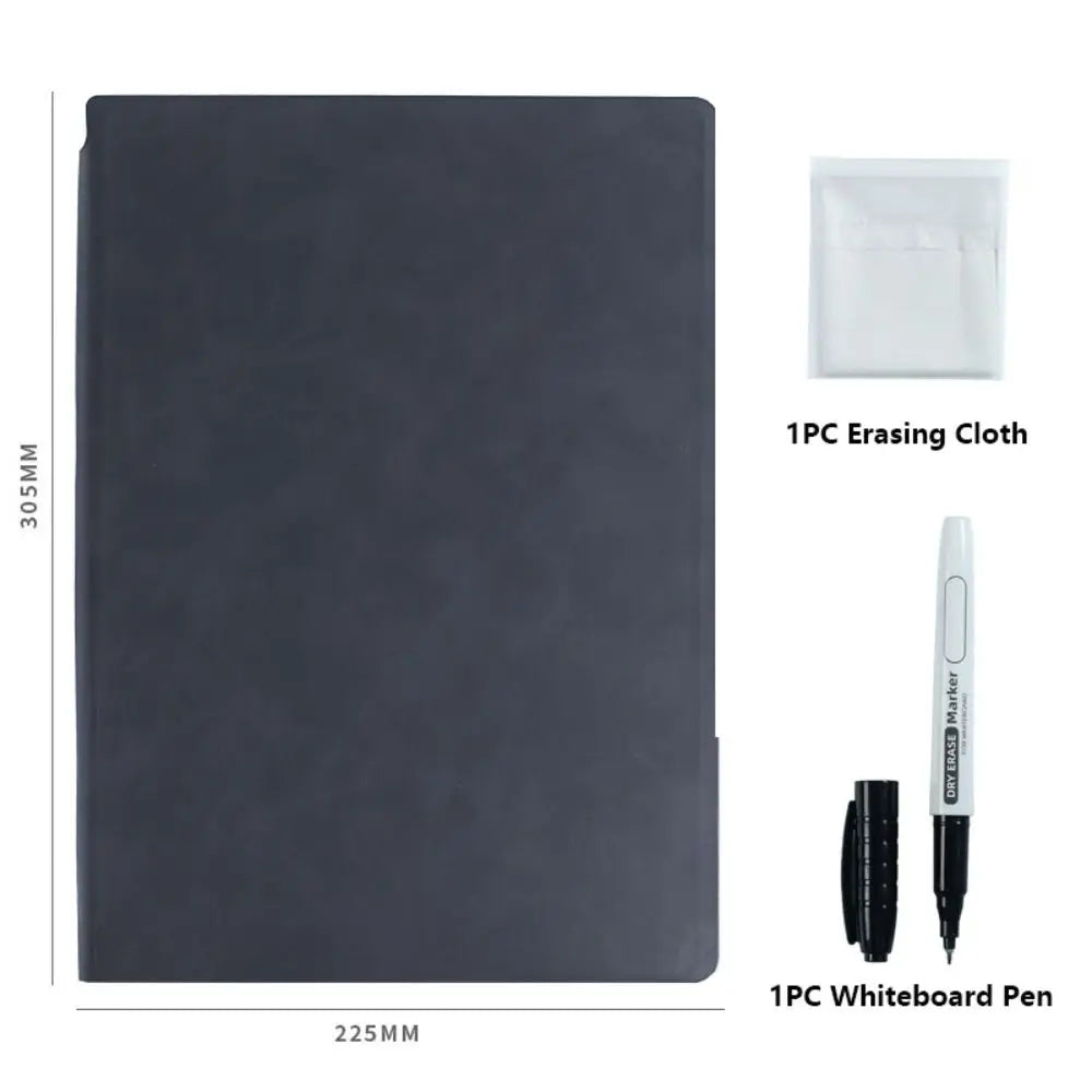 Reusable A4 Whiteboard Notebook With Whiteboard Pen Leather Erasable Whiteboard Draft With Erasing Cloth Stationery Quake Black