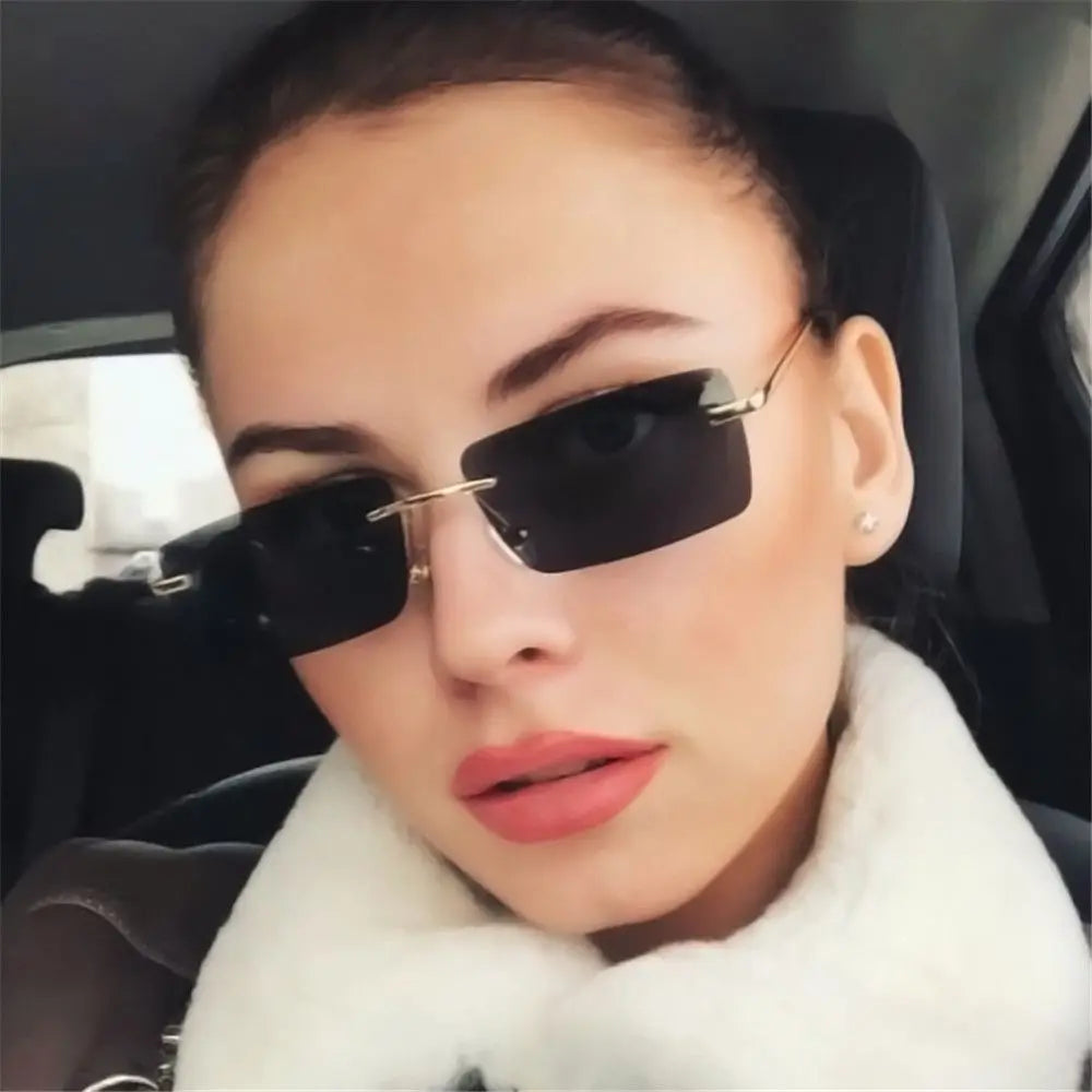 Fashion Rimless Rectangle Sunglasses Women Luxury Design Sun Glasses Ladies Retro Gradient Eyewear Summer UV400 Sun Shades Quake