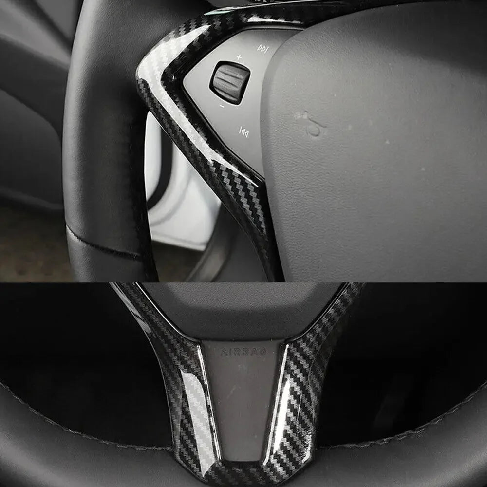 For Tesla Model X and Model S 2016-2021 ABS Carbon Fiber Style Inner Car Steering Wheel Panel Cover Trim Frame Decor Silver ABS Quake