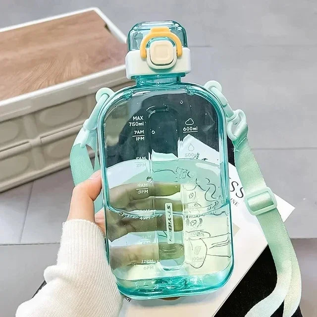 Flat Square Transparent Water Bottle Portable Travel Canteen with Adjustable Strap Elegant Slim Bottle for Sport Camping Quake 750ml Style 2 Green