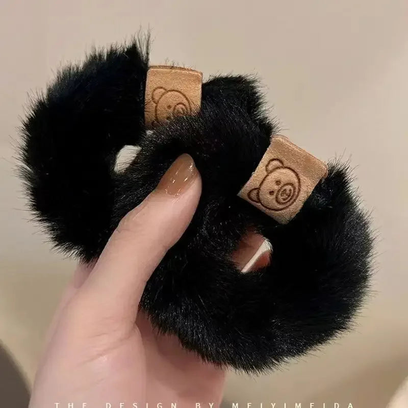 2023 New Soft Plush Hair Rope Korean Thick High Elastic Bear Hairband Braiding Hair Accessories Ponytail Headwear Scrunchies Quake 1pc-black
