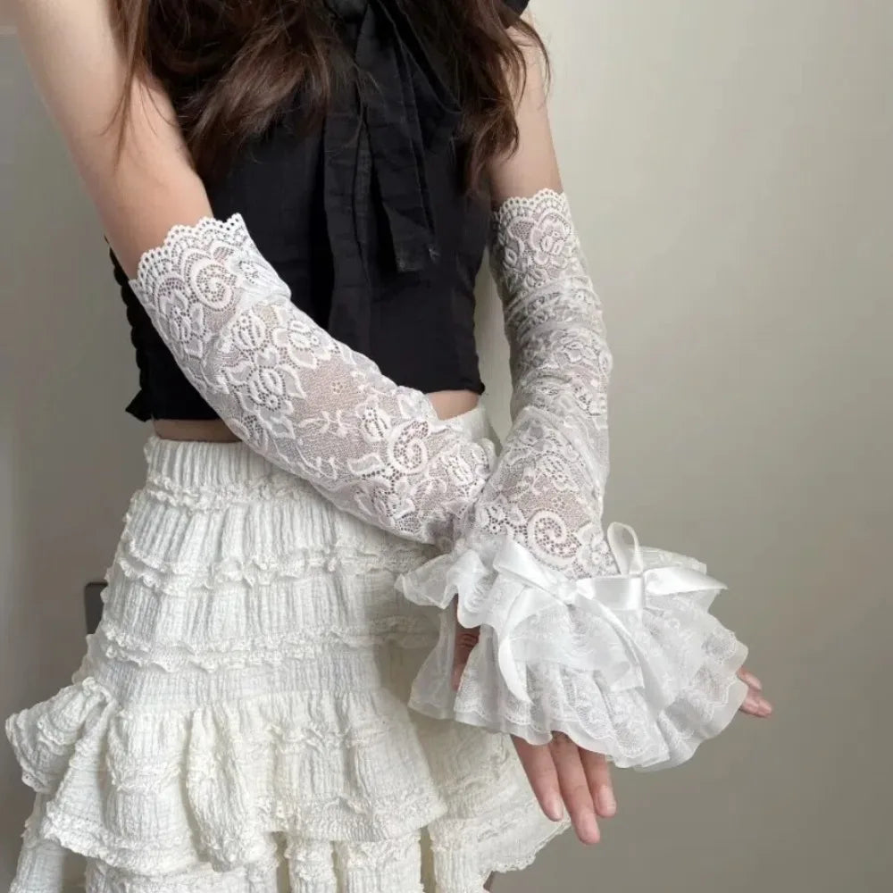 Sweet Lace Bowknot Womens Sleeve Y2K Hollow Out Bridal Wrist Gloves Sun Protection Lace Fingerless Gloves Quake