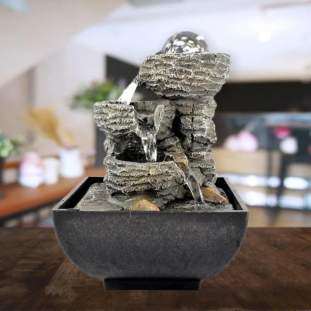 Tabletop Water Fountain Meditation w/ Lights Office Bedroom Decoration Arts Quake Style 5