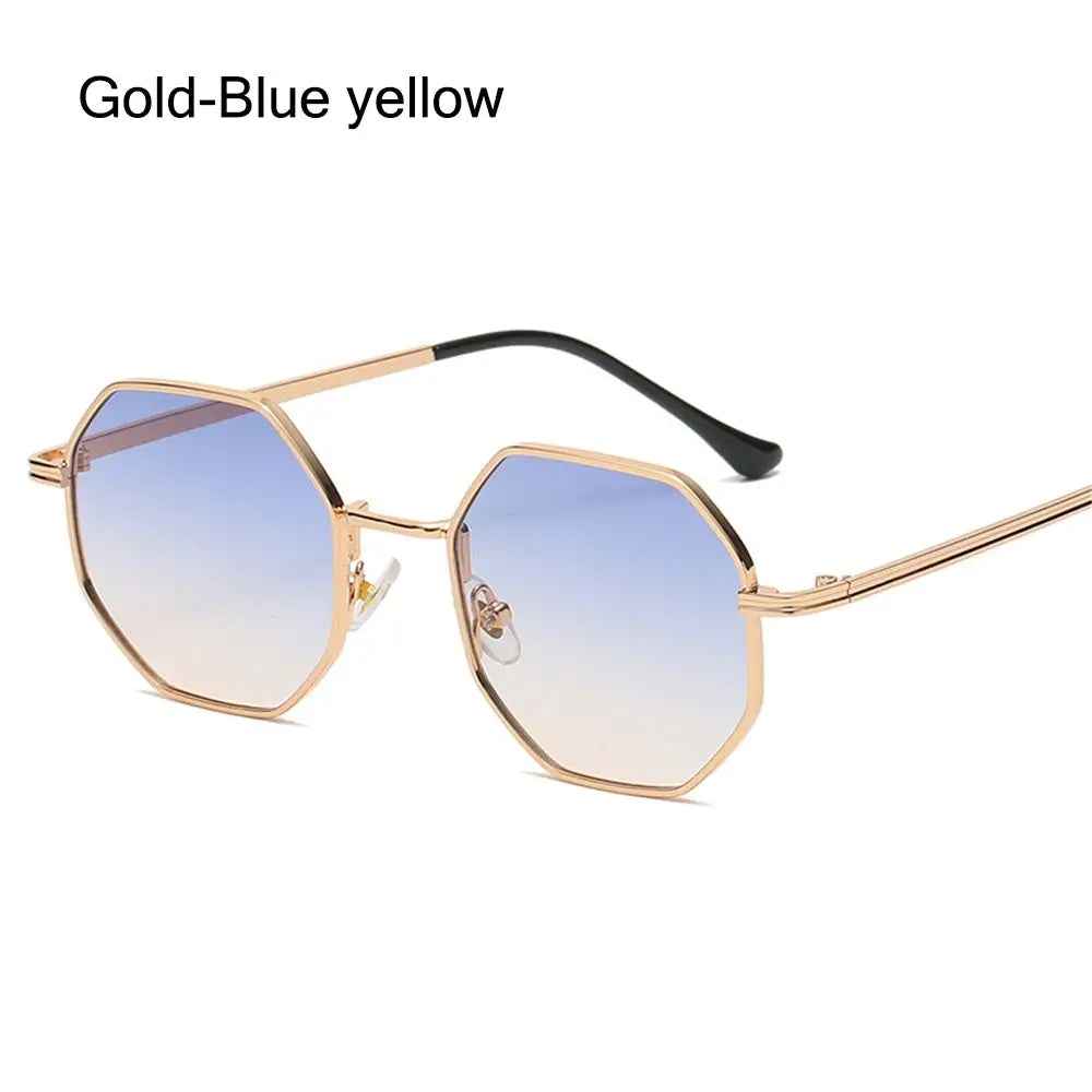 Summer UV Protection Sunglasses Fashion Polygon Sun Glasses for Women Men Trendy Classic Metal Frame Shades Eyewear Quake Gold-Blue yellow