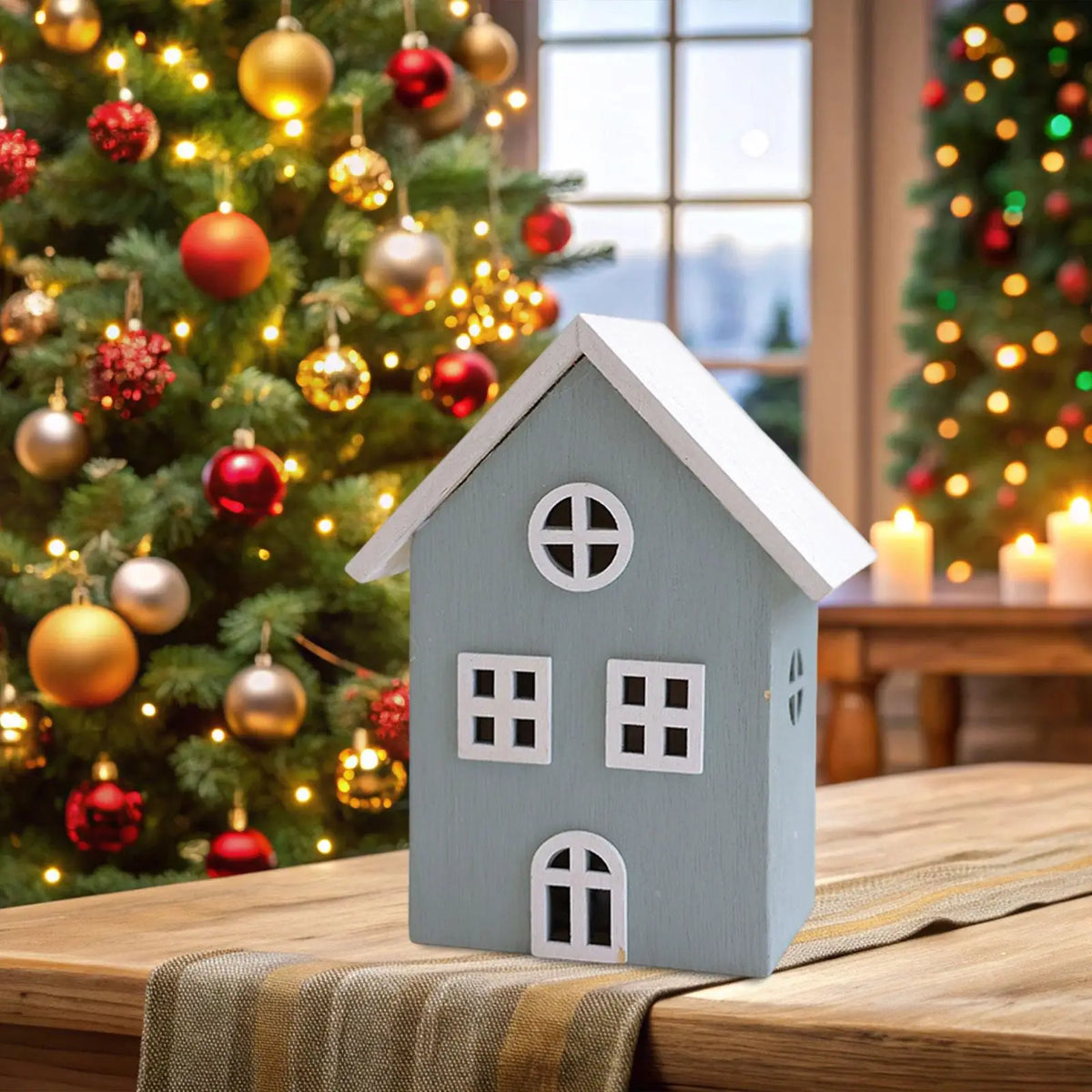 LED Lighted Christmas Village House Ornament Wood Tabletop Decoration for Room Aesthetic Holiday Setup Quake 17cm gray
