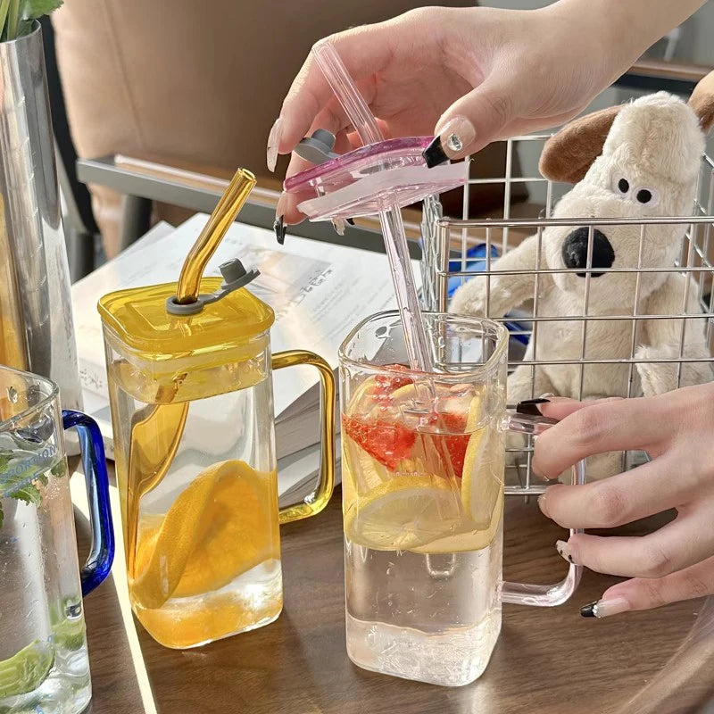 YWDL 350ml Glass Straw Cup With Lid And Straw Iced Coffee Handle Cup Drinking Mug For Juice Milk Tea Quake