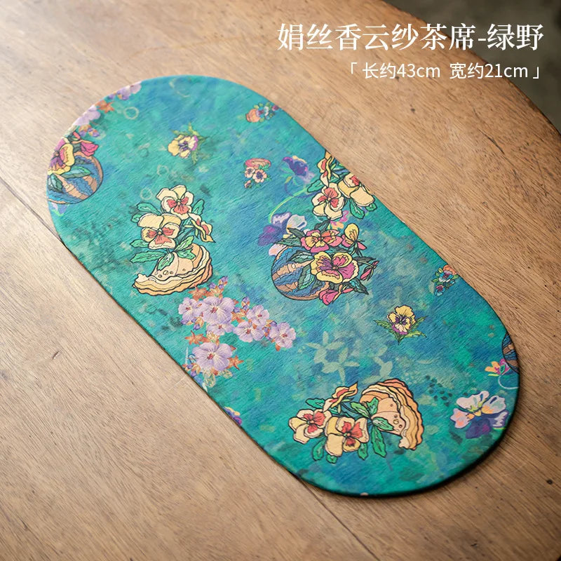 Double-sided Silk Fragrant Cloud Yarn Tea Mat Chinese Style Tea Table Heat Insulation Waterproof Mat Chinese Zen Dry Foam Mat Quake Mat - Green Field