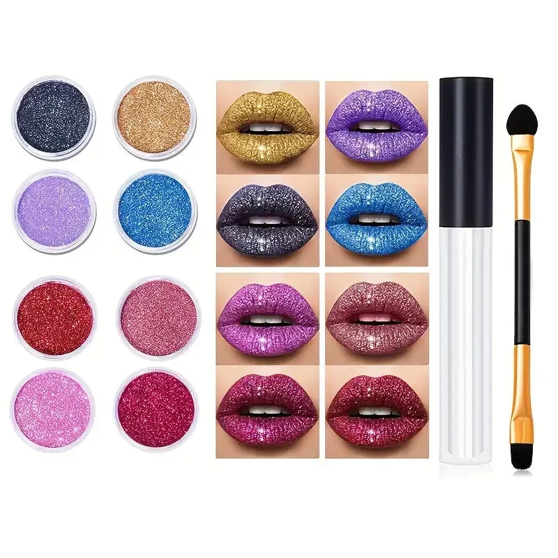 4Color Glitter Lip Kit-Long-Lasting Glitter Lipstick with Base and Brush,Multi-Use Lips,Face,Body,Eye,Hair-Adults,All Skin Types Quake